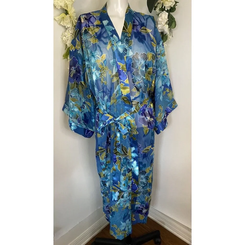 Vintage California Dynasty Blue Semi‎ Sheer Floral Long Robe Medium Pockets EUC